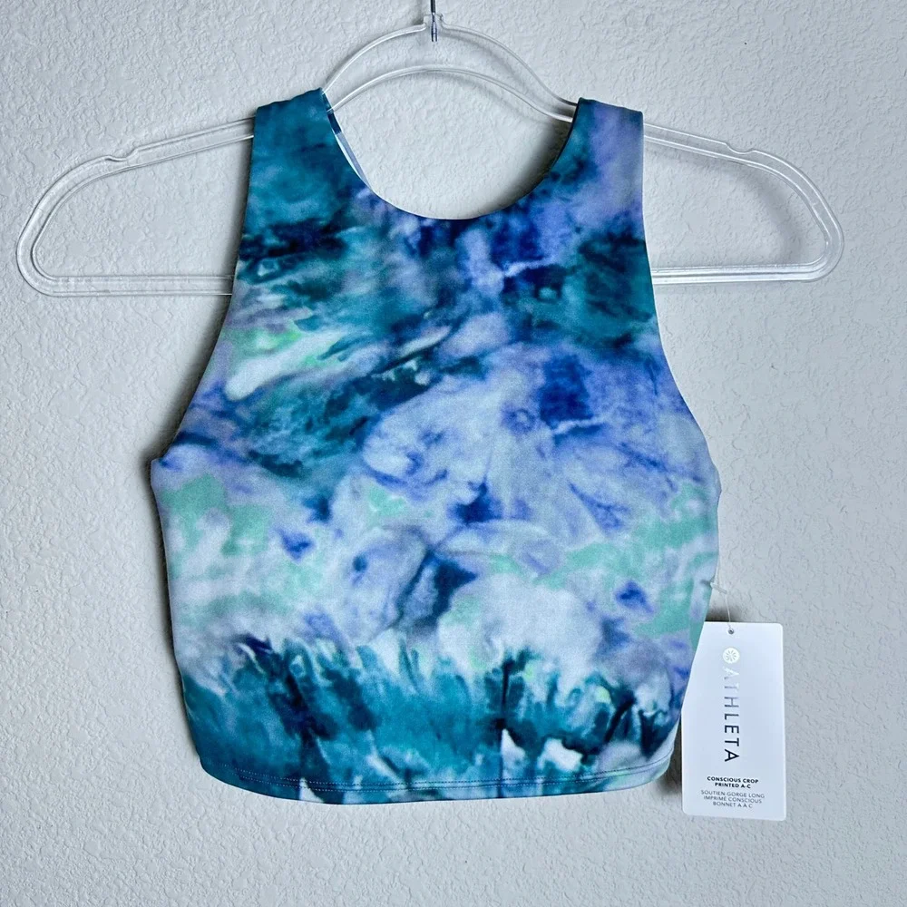 Athleta Conscious Crop Printed A-C Blue Green Tie Dye Powervita Tank Top XS NEW
